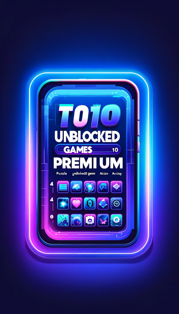 DALL·E 2023 11 23 14.55.44 An Image Designed For A Facebook Story Featuring A List Titled Top 10 Unblocked Games Premium. The Background Is A Gradient Of Blue And Purple Giv 585x1024 
